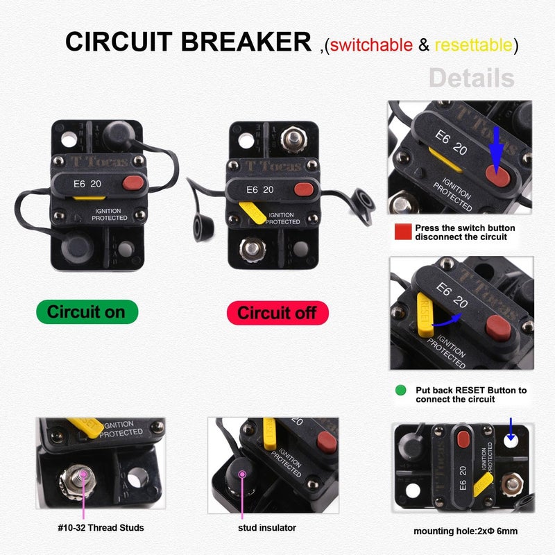 T Tocas E69 10 Amp Circuit Breaker T3 Manual Reset Mini Surface Mount IP66 10A Switchable - Image 3