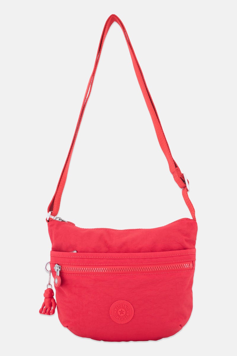 kipling حقيبة كتف نسائية بشعار العلامة التجارية مع حلقة مفاتيح، حمراء - Image 1