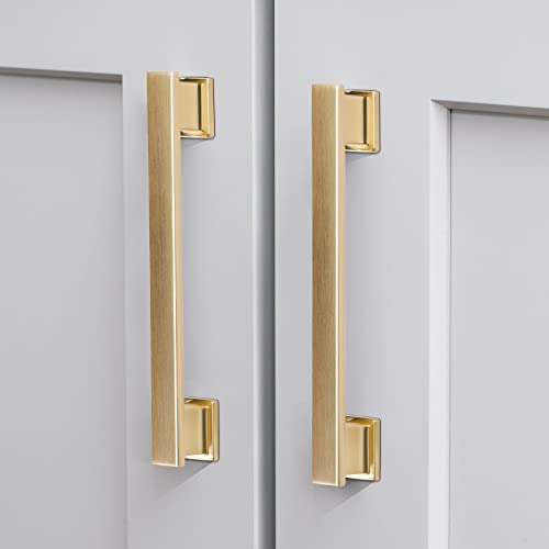 VEHCIL 20 Pack Square Brushed Gold Cabinet Pulls, 5 Inch(128mm) Hole Centers Gold Cabinet Handles Hardware for Kitchen Cupboard Closet Bathroom Dresser Drawer, Solid Zinc Alloy - Image 1