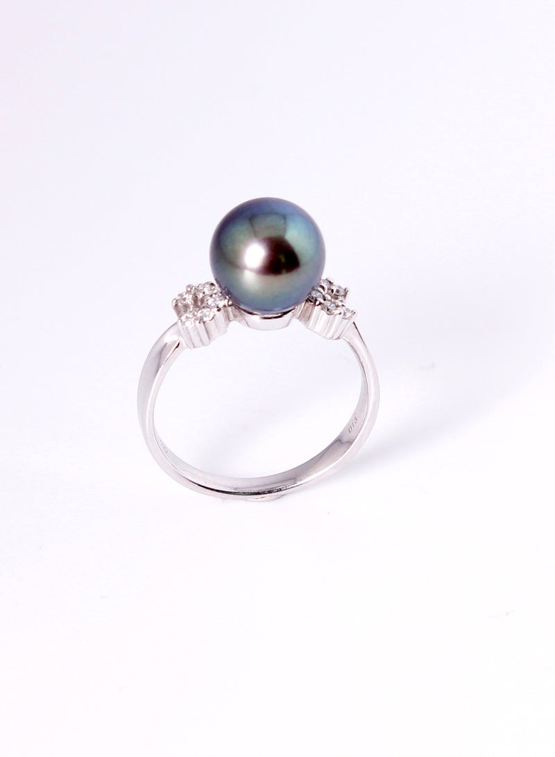 MIKURA Ring, Freshwater Pearls, A Quality, Treated Black Color, 9.5-9.0MM, 18KW, 12D 0.13CT  - Image 1