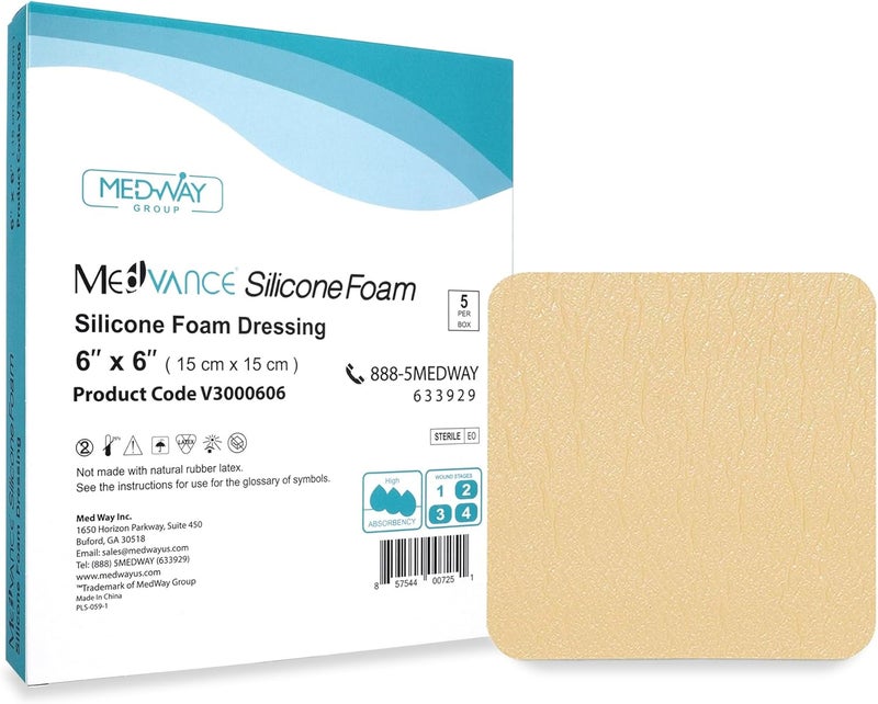 MedVance TM Silicone - Silicone Adhesive Foam Absorbent Dressing, 6"x6", Box of 5 dressings