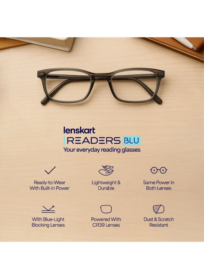 Lenskart Hustlr Powered Reading Glasses (+1.75) with Bluecut & Antiglare coating | Light Frames | Sky Blue Full Rim Square | For Men & Women | Medium | LH R17369