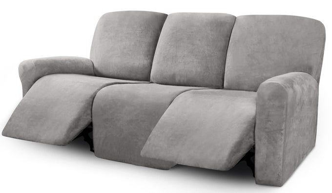 VELVET 8PIECES RECLINER SOFA COVERS STRETCH RECLINING COUCH COVERS FOR 3 CUSHION RECLINING SOFA SLIPCOVERS FURNITURE COVERS THICK SOFT WASHABLE 3 SEATER RECLINER COVER LIGHT GREY