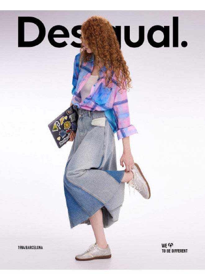 DESIGUAL تنورة ميدي من الجينز بتصميم A-line بلونين مع ذيل سمكة مغسول - Image 1