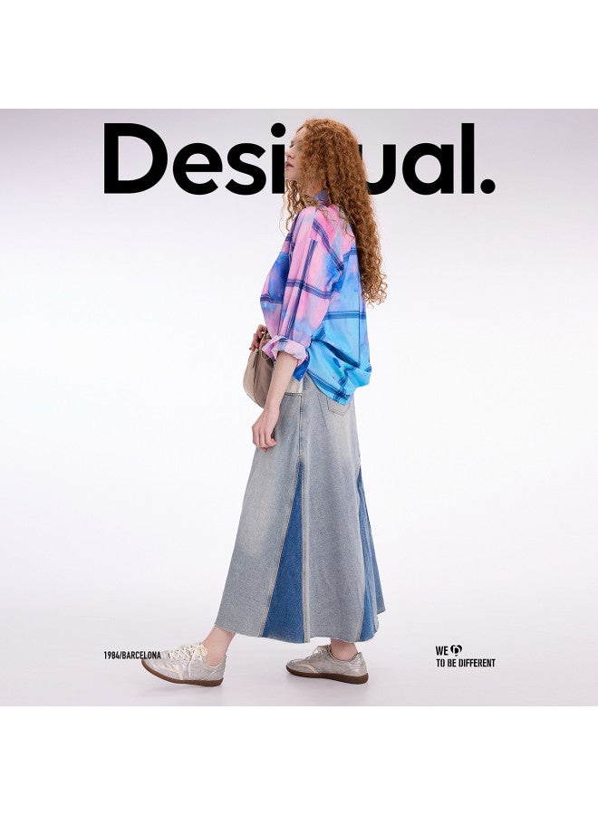 DESIGUAL تنورة ميدي من الجينز بتصميم A-line بلونين مع ذيل سمكة مغسول - Image 4