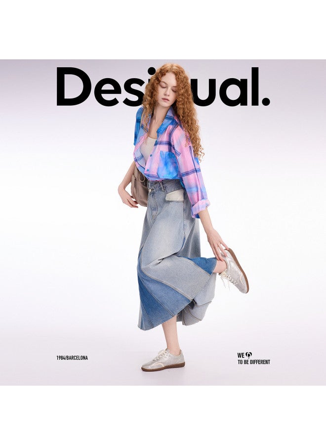 DESIGUAL تنورة ميدي من الجينز بتصميم A-line بلونين مع ذيل سمكة مغسول - Image 5