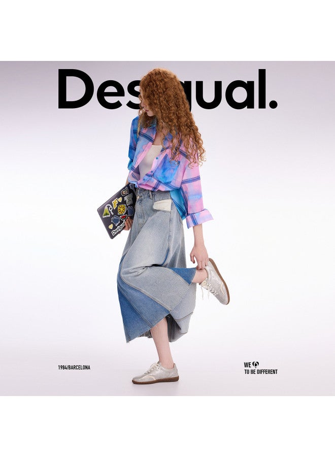 DESIGUAL تنورة ميدي من الجينز بتصميم A-line بلونين مع ذيل سمكة مغسول - Image 2