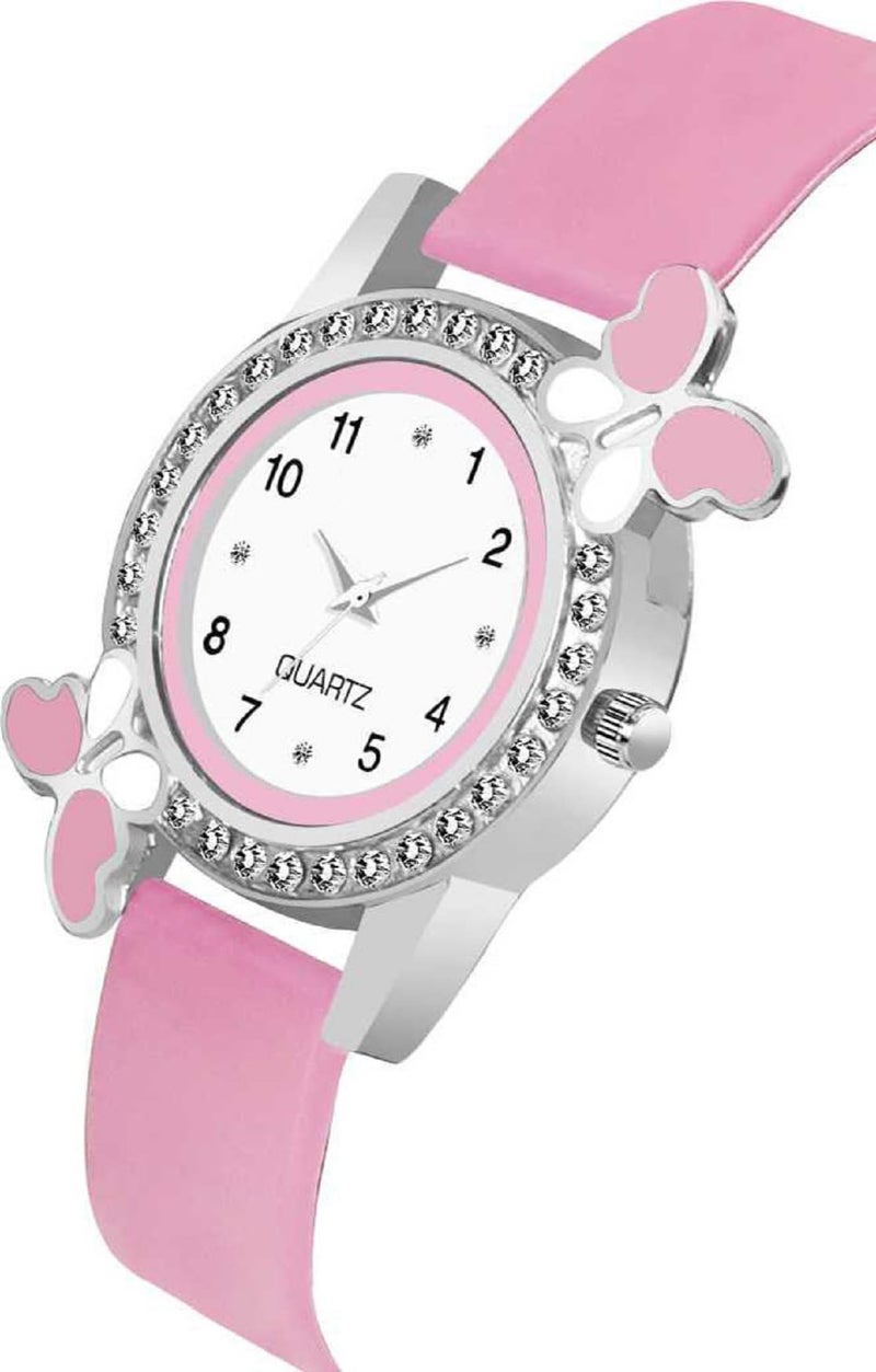 Acnos Silicone Premium Pink Purple Strap White Dial Diamond Analog Watches For Girl Best Design Butterfly Combo 2 Pack Of 2, Pink Band - Image 2