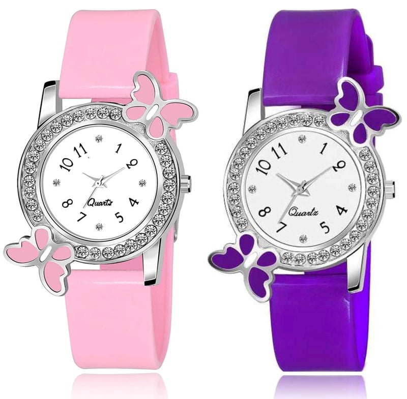 Acnos Silicone Premium Pink Purple Strap White Dial Diamond Analog Watches For Girl Best Design Butterfly Combo 2 Pack Of 2, Pink Band - Image 1
