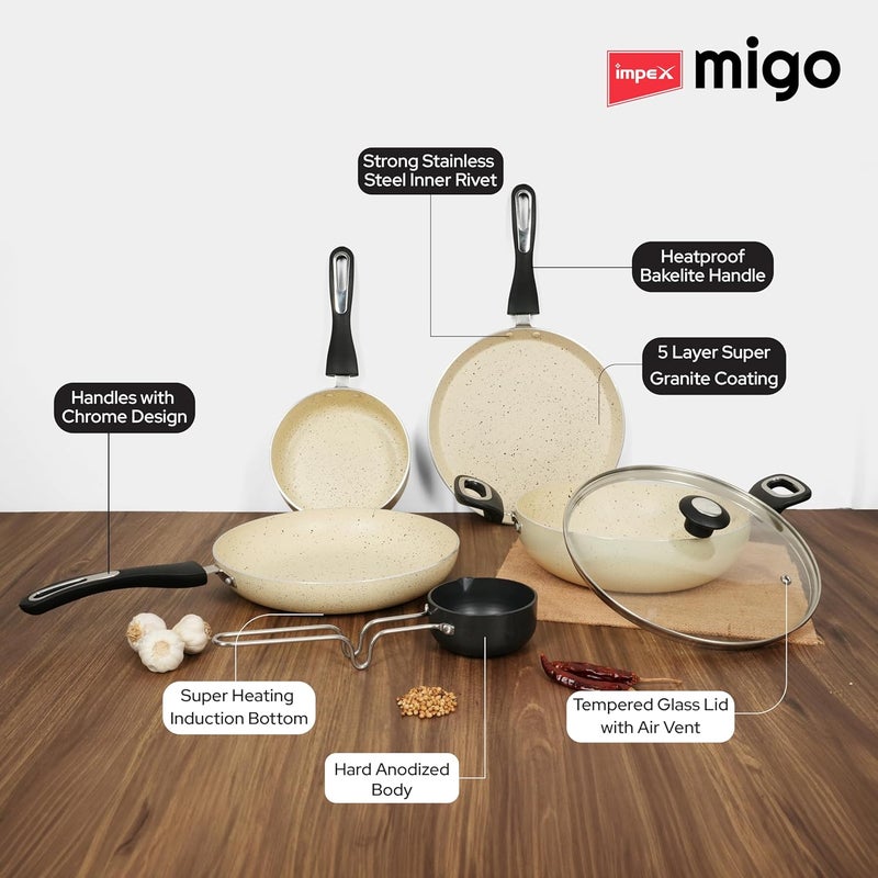 Impex 6 Pcs Nonstick Granite Cookware Set | 3 mm Thickness | Induction Bottom Cookware Set, Nonstick Cookware Set of Frypan, Kadai Pan, Tawa Pan, Tadka Pan and Milk Pan | 1 Year Warranty - Image 3