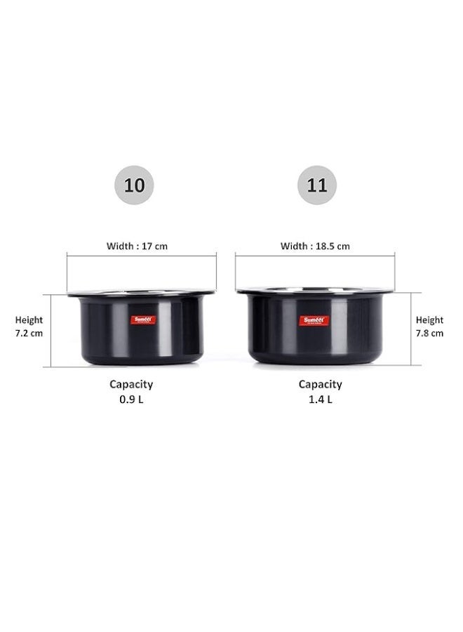 Sumeet Aluminium 3Mm Thick Hard Anodised Non-Stick Tope Set Of 2 Pc With S.S. Lid Size No. 10 (0.9 Liter), No.11 (1.4 Ltr), Black - Image 2