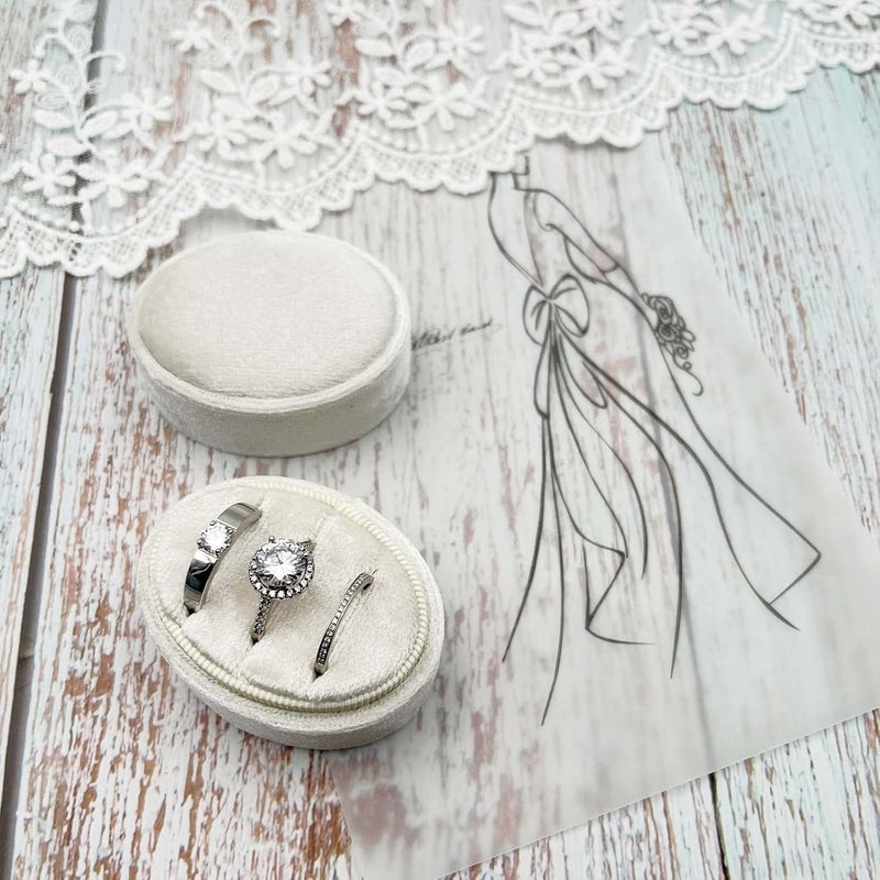 Beatilog Velvet Oval Ring Box 3 Slots - Premium Wedding Three Rings Holder Box Vintage Handmade Storage Jewelry Organizer for Proposal, Engagement, Wedding Ceremony, Christmas (Ivory) - Image 4