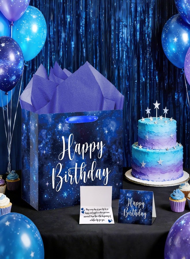 Wayyogh Space Galaxy Birthday Gift Bags, Large Deep Blue Space Galaxy Happy Birthday Party Favor Bags with Greeting Card and Tissue Wrapping Paper for Men Women Boys Girls Baby Shower Anniversary Party Supplies - Image 3