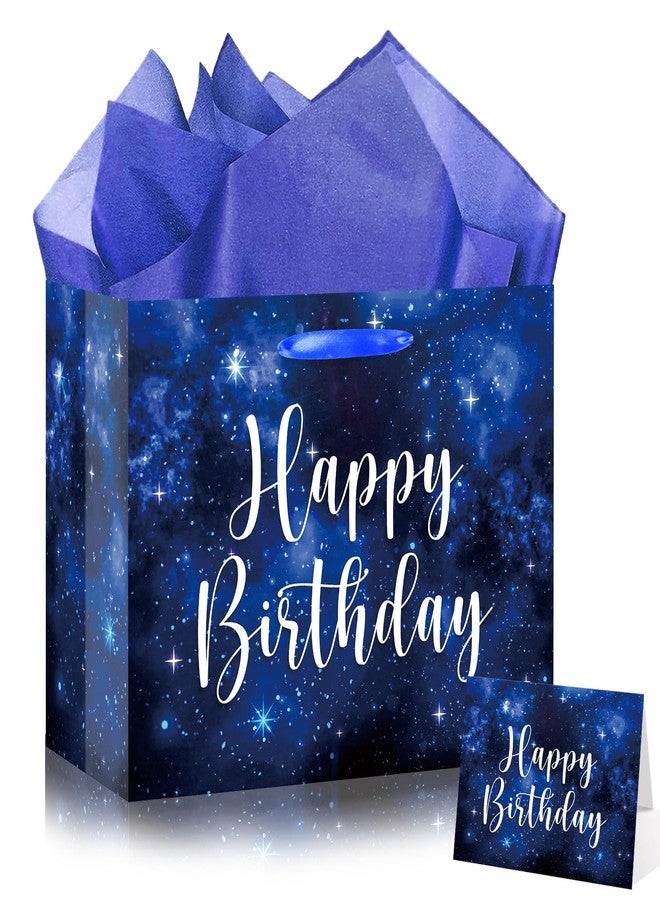 Wayyogh Space Galaxy Birthday Gift Bags, Large Deep Blue Space Galaxy Happy Birthday Party Favor Bags with Greeting Card and Tissue Wrapping Paper for Men Women Boys Girls Baby Shower Anniversary Party Supplies - Image 1