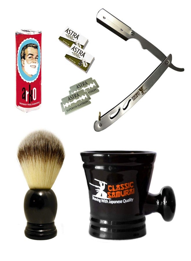 Classic Samurai Men's Shaving Set with Stainless Steel Professional Barber Straight Razor Shavette, 10 Astra Blades, Synthetic Shaving Brush, Arko Soap & Porcelain Mug (Silver Metal Gift Set) - Image 1