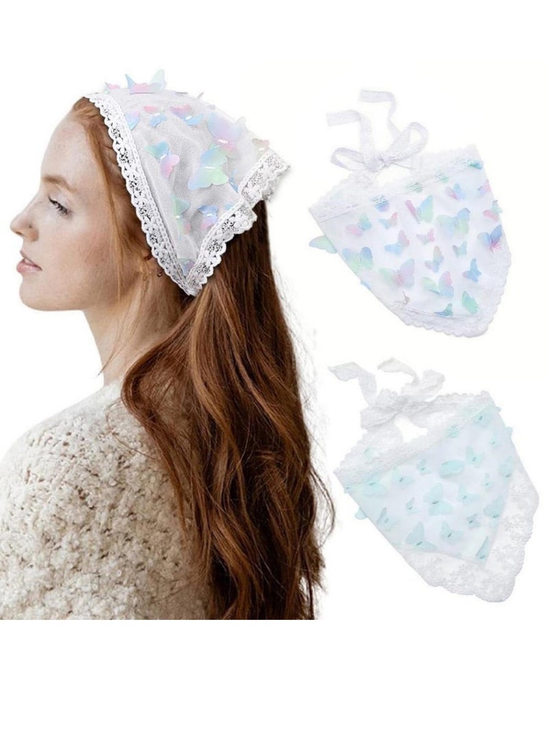 Excefore Butterfly Chiffon Hair Bandanas, Triangle Floral Hair Scarf Headbands, Print Lace Head Kerchief for Women and Girls (2 Pcs) - Image 1