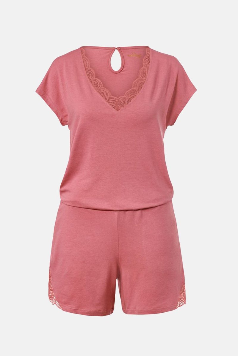 Tchibo Women Plain V-neck Sleeveless Jumpsuit Pajama, Dark Pink - Image 3
