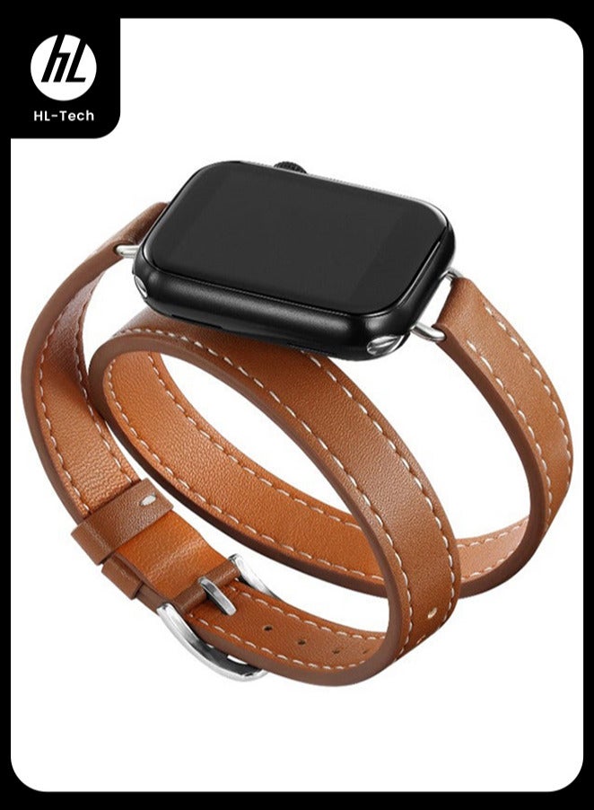 إتش إل تيك ساعة حزام مناسبة لـ iWatch سلسلة 11 (42 مم) ، الجلد استبدال الفرقة متوافقة لـ Apple Watch سلسلة الفرقة 38 مم 40 مم 41 مم 42 مم النساء ، الجلد الأصلي جولة مزدوجة صممت رقيقة الشريط لـ iWatch Ultra Series11 10 9 8 7 6 SE ، البني - Image 1