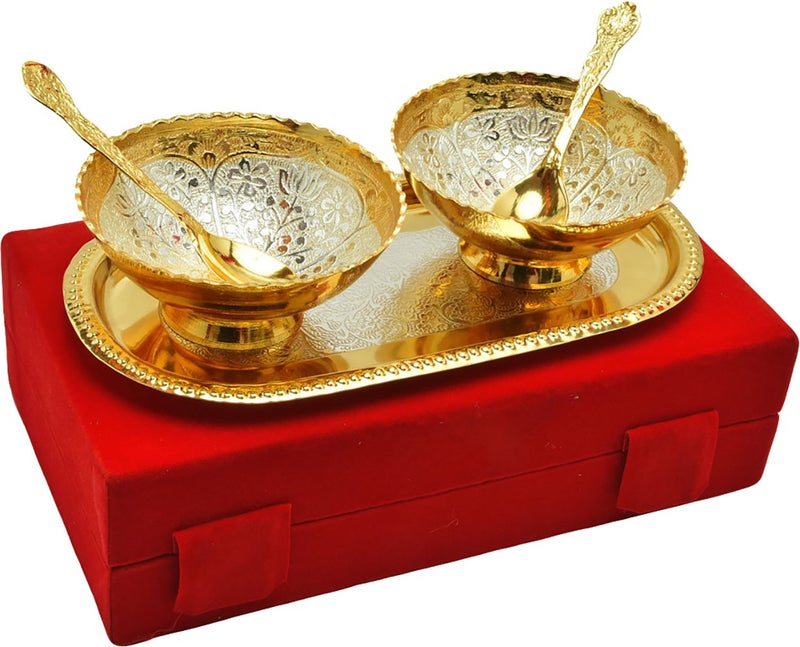 JAIPUR ACE Metal Floral Bowl with Tray and Spoon - 2 Bowl, 2 Spoon, 1 Tray, (Gold) - Image 1