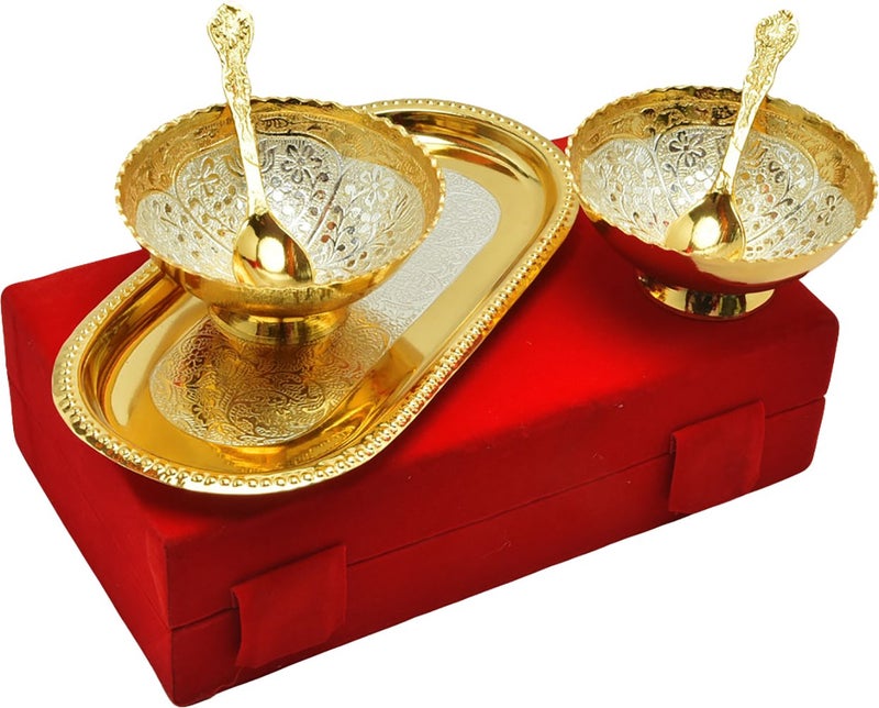 JAIPUR ACE Metal Floral Bowl with Tray and Spoon - 2 Bowl, 2 Spoon, 1 Tray, (Gold) - Image 3