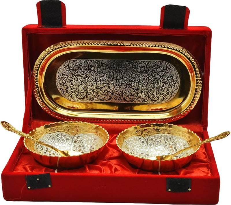 JAIPUR ACE Metal Floral Bowl with Tray and Spoon - 2 Bowl, 2 Spoon, 1 Tray, (Gold) - Image 2