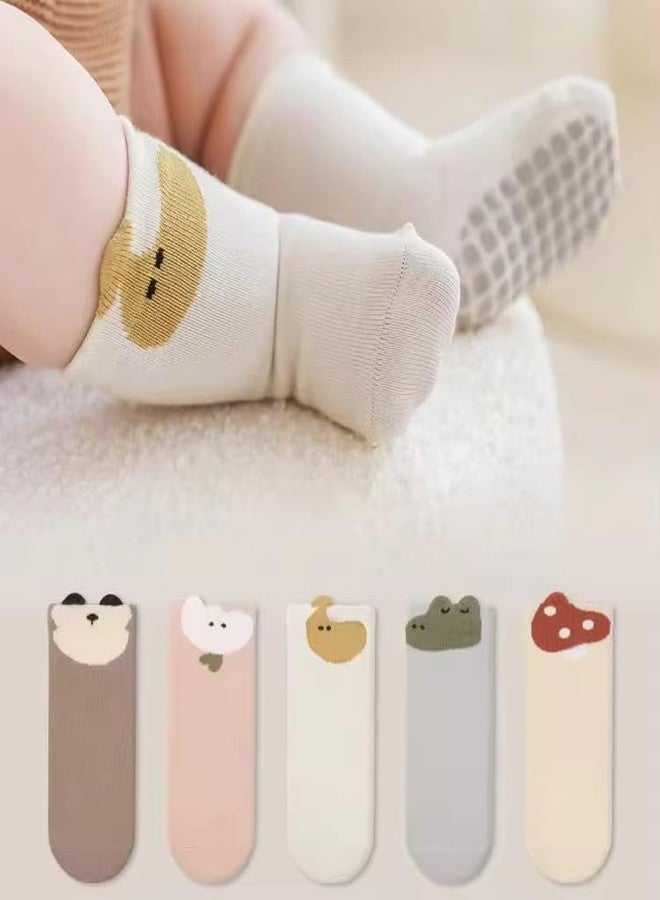 Freshfoot Boys & Girls Cotton Lace Top Cute and Colourful Non-Slip Socks with Grippers (Pack of 5) (IN, Age, 6 Months, 9 Months, Light Shade Cartoon), Assorted - Image 2