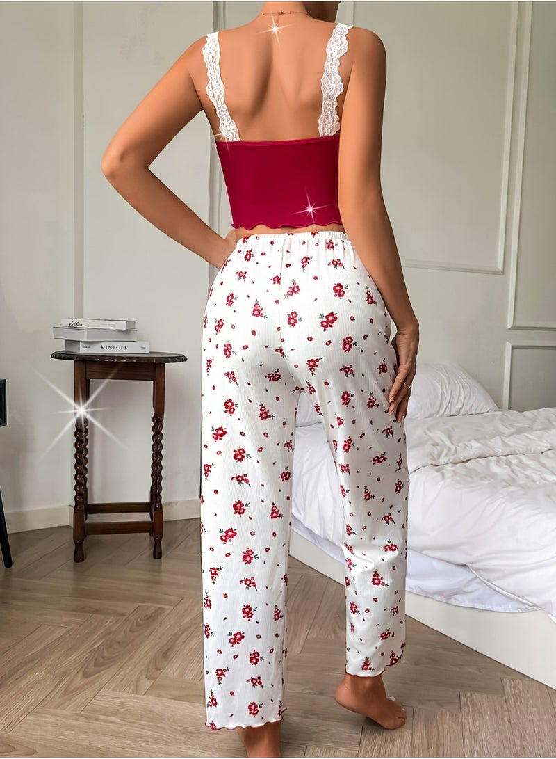 Trikeel Women's 3 Piece Pajama Sets Floral Lace Cami Top and Shorts & Pants  Sets Loungewear - Image 5