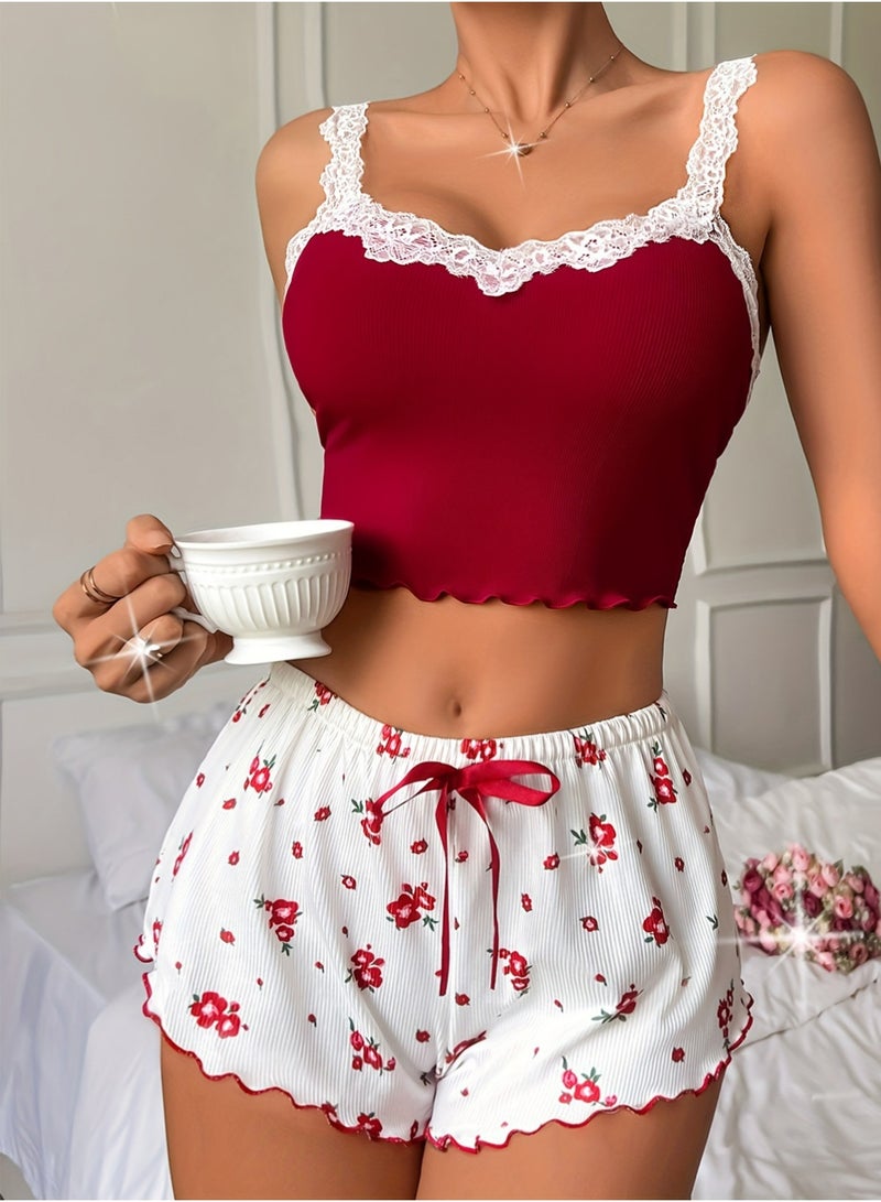 Trikeel Women's 3 Piece Pajama Sets Floral Lace Cami Top and Shorts & Pants  Sets Loungewear - Image 2