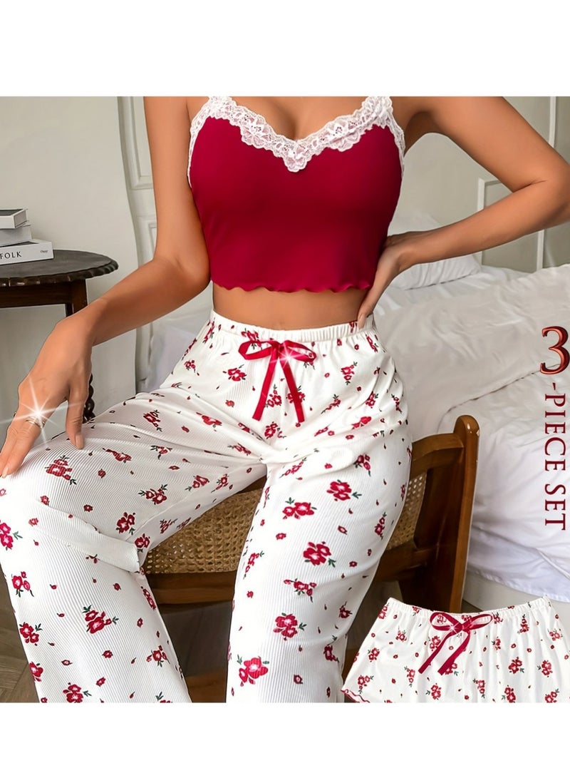 Trikeel Women's 3 Piece Pajama Sets Floral Lace Cami Top and Shorts & Pants  Sets Loungewear - Image 4
