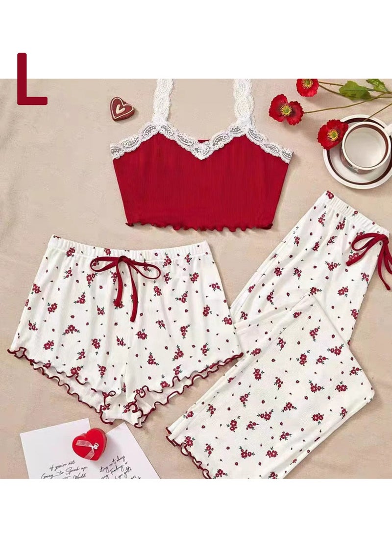Trikeel Women's 3 Piece Pajama Sets Floral Lace Cami Top and Shorts & Pants  Sets Loungewear - Image 1