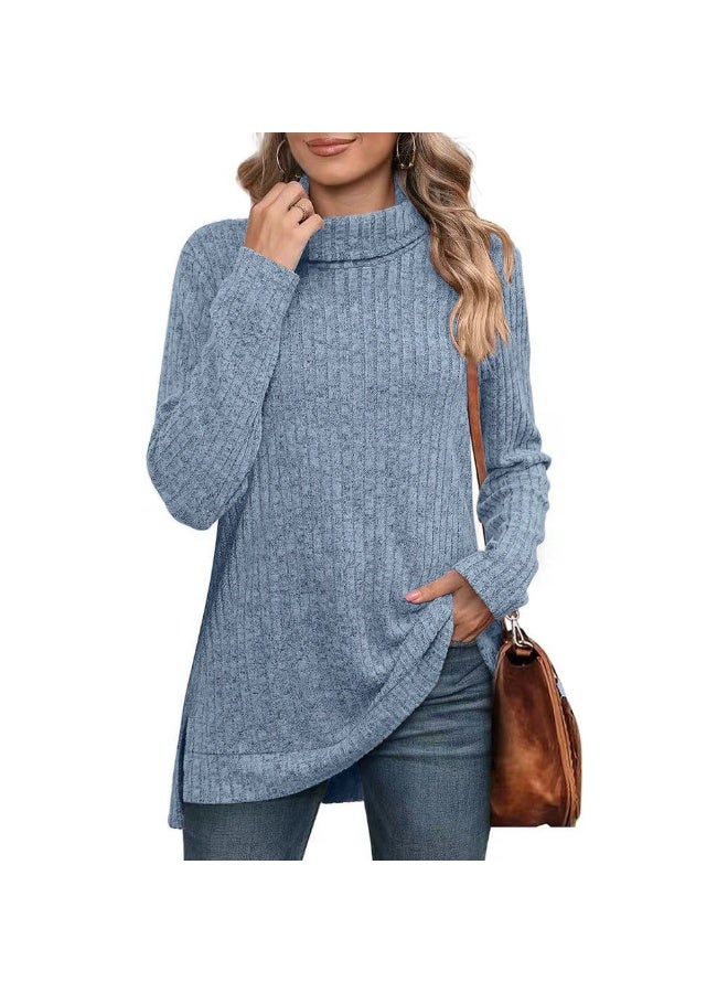 general Women's loose high-neck slit ribbed solid color T-shirt for autumn and winter 2025-2026 - Image 1