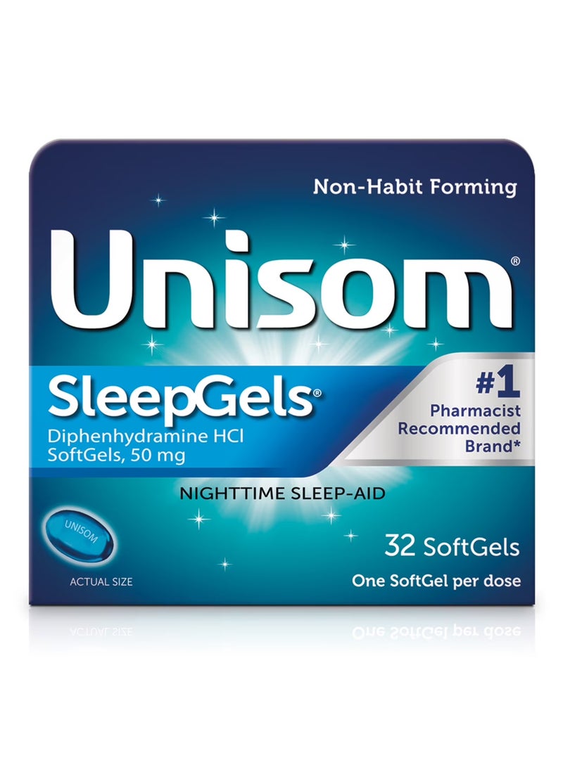 Unisom SleepGels Soft Gels, Sleep-Aid with 50 mg Diphenhydramine HCI, 32 ct. - Image 1