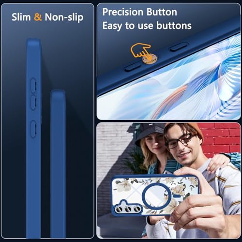 VONZEE Compatible with Samsung Galaxy A35 5G Case Luxury Retro Flowers Floral Clear for Magnetic Wireless Charging Case Shockproof PC+TPU Cute Glossy Shiny Cover for Girls Women, Blue - Image 4