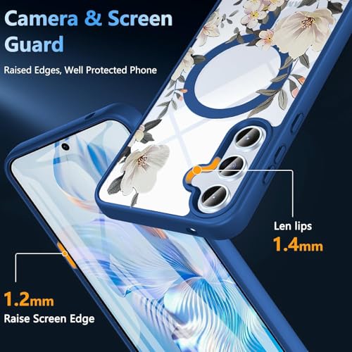 VONZEE Compatible with Samsung Galaxy A35 5G Case Luxury Retro Flowers Floral Clear for Magnetic Wireless Charging Case Shockproof PC+TPU Cute Glossy Shiny Cover for Girls Women, Blue - Image 2