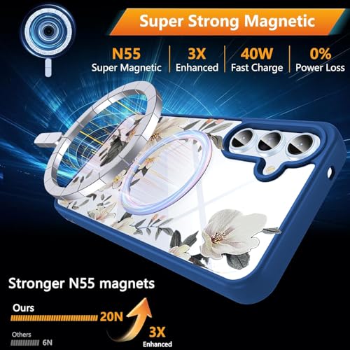 VONZEE Compatible with Samsung Galaxy A35 5G Case Luxury Retro Flowers Floral Clear for Magnetic Wireless Charging Case Shockproof PC+TPU Cute Glossy Shiny Cover for Girls Women, Blue - Image 3