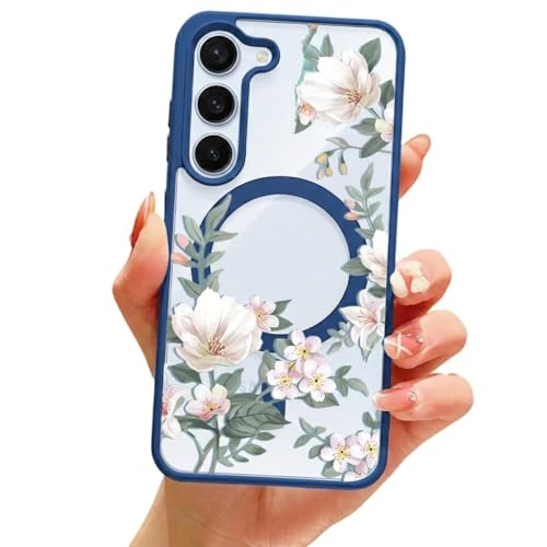 VONZEE Compatible with Samsung Galaxy A35 5G Case Luxury Retro Flowers Floral Clear for Magnetic Wireless Charging Case Shockproof PC+TPU Cute Glossy Shiny Cover for Girls Women, Blue - Image 1