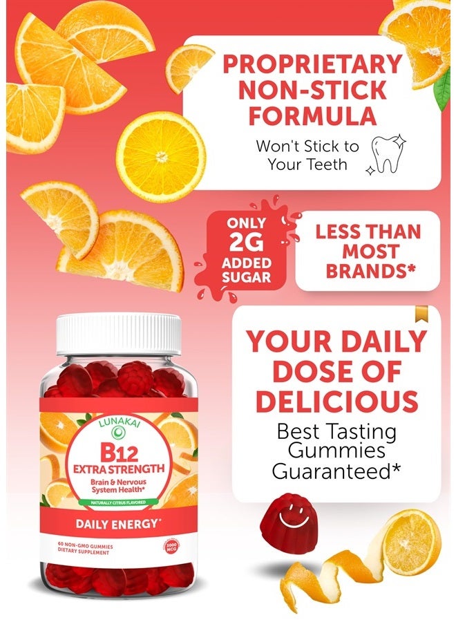 LUNAKAI Vitamin B12 Gummies for Adults - Tastiest Proprietary Formula - 3000mcg Methyl B-12 High Absorption Energy Gummies - Non-GMO Vegan Vit B12 - Chewable B 12 for Energy Support and Bone Health - 60 Count - Image 3