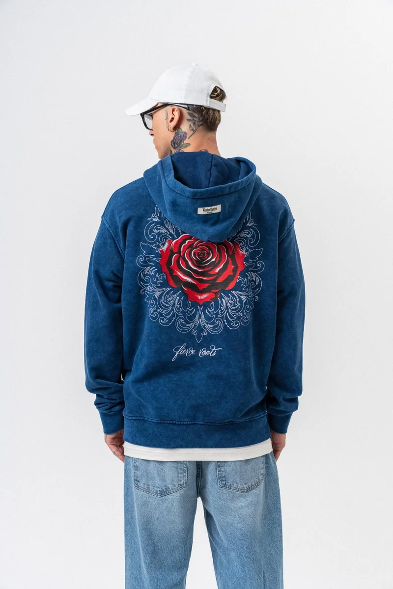 ريسباير هودي رجالي واسع (Oversize) بغطاء رأس مغسول ومطبوع بعبارة "Fierce" لون نيلي (İndigo)