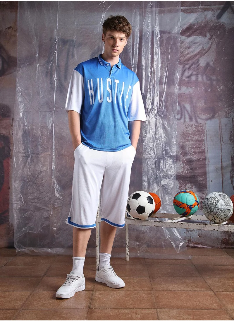Hubberholme Men's Blue 100% Polyester Printed Cropped Bermuda Longline Oversized Co-Ords