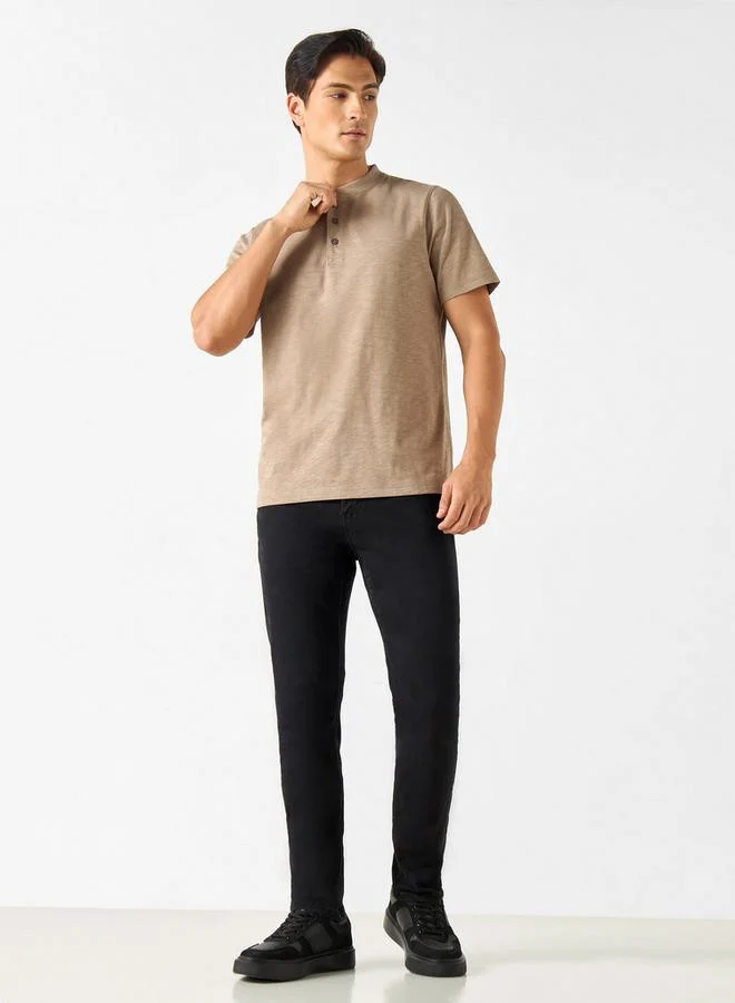 Splash FAV Textured Henley Neck T-shirt with Short Sleeves