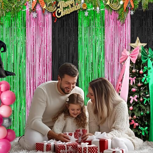 partyzoa Pink Green Black Foil Fringe Curtains Backdrop Birthday Party Decorations, 2 Pack 3.28 x 6.56 Ft Witch Themed Tinsel Streamer Banner Photo Booth Props for Halloween Christmas Decor Supplies - Image 3