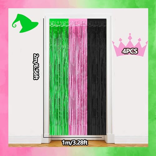 partyzoa Pink Green Black Foil Fringe Curtains Backdrop Birthday Party Decorations, 2 Pack 3.28 x 6.56 Ft Witch Themed Tinsel Streamer Banner Photo Booth Props for Halloween Christmas Decor Supplies - Image 2