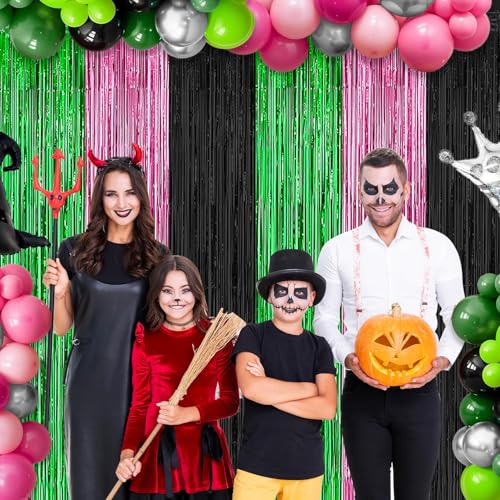 partyzoa Pink Green Black Foil Fringe Curtains Backdrop Birthday Party Decorations, 2 Pack 3.28 x 6.56 Ft Witch Themed Tinsel Streamer Banner Photo Booth Props for Halloween Christmas Decor Supplies - Image 4