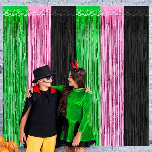 partyzoa Pink Green Black Foil Fringe Curtains Backdrop Birthday Party Decorations, 2 Pack 3.28 x 6.56 Ft Witch Themed Tinsel Streamer Banner Photo Booth Props for Halloween Christmas Decor Supplies - Image 5