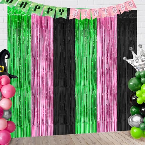 partyzoa Pink Green Black Foil Fringe Curtains Backdrop Birthday Party Decorations, 2 Pack 3.28 x 6.56 Ft Witch Themed Tinsel Streamer Banner Photo Booth Props for Halloween Christmas Decor Supplies - Image 1