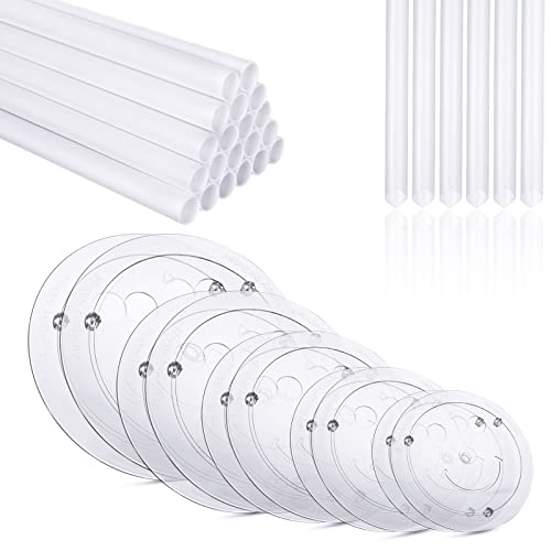 80Pcs Cake Tier Stacking Kit 10Pcs Clear Cake Separator Plates for 4 6 8 10 12 Inch Cakes with 30Pcs Clear Cake Stacking Dowels and 40Pcs White Plastic Cake Sticks Support Rods for Tiered Cake