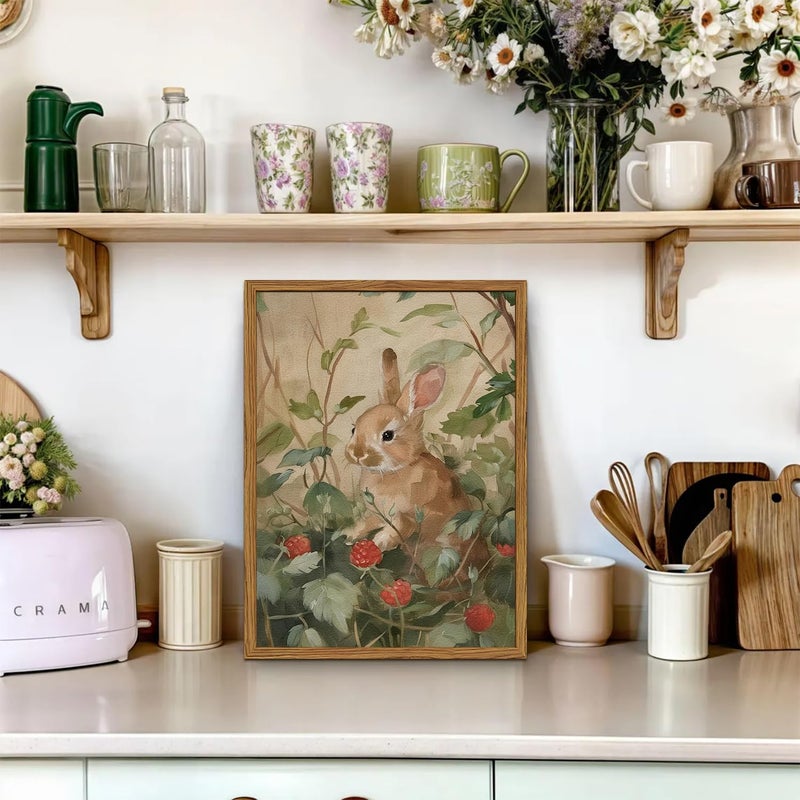 Hwetui Framed Vintage Rabbit Wall Art, Cute Bunny Pictures Wall Decor, 3D Textured Sandstone Rustic Animal Botanical Paintings Prints Cottagecore Home Decor for Living Room Bedroom Nursery 12x16 inch - Image 3