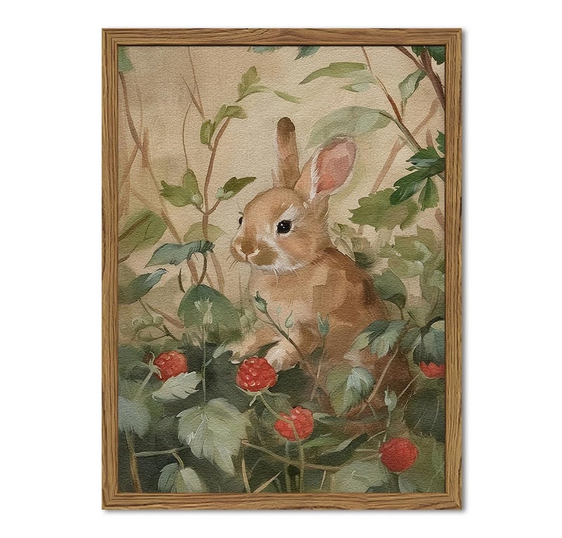 Hwetui Framed Vintage Rabbit Wall Art, Cute Bunny Pictures Wall Decor, 3D Textured Sandstone Rustic Animal Botanical Paintings Prints Cottagecore Home Decor for Living Room Bedroom Nursery 12x16 inch - Image 1