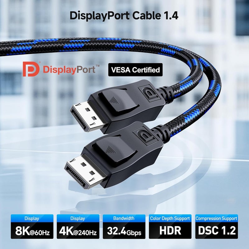 CableMatters [معتمد من VESA] كابل DisplayPort مضفر بطول 6 أقدام بسرعة 32.4Gbps 1.4، 8K 60Hz / 4K 240Hz مع FreeSync و G-SYNC و HDR لشاشات الألعاب، الكمبيوتر، RTX 4080/4090، RX 6800/6900 - Image 2