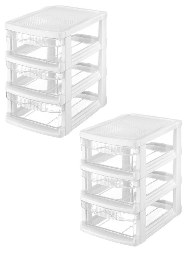 Tribello 3 Drawer Plastic Storage, Mini Drawer Unit, White Frame With Clear Drawers for Craft Storage - 10"L X 7.5"W X 8"H Inches - (2 Pack) - Image 1